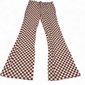 Brown White Checkered Flare Leggings Size S Y2K 70s Retro Checks